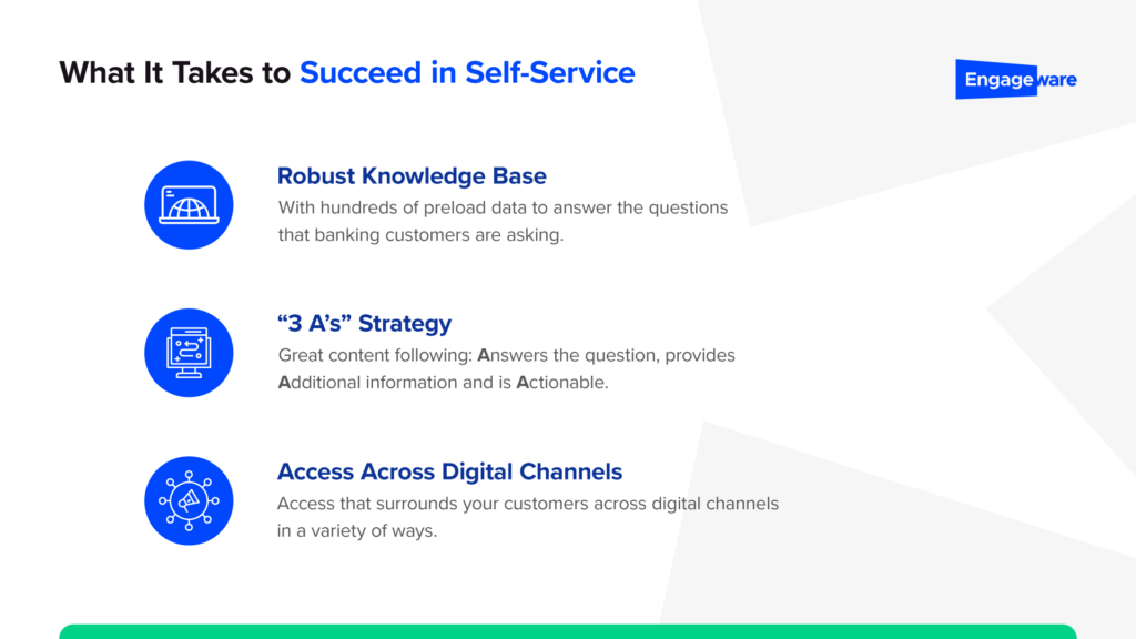 graphic with three keys for banks and credit unions to success in providing self-service for customers.