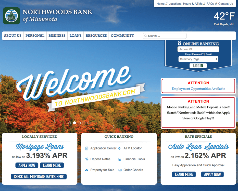 Screenshot of Northwoods Bank website