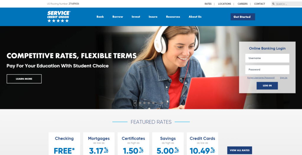 Screenshot of Service Credit Union website