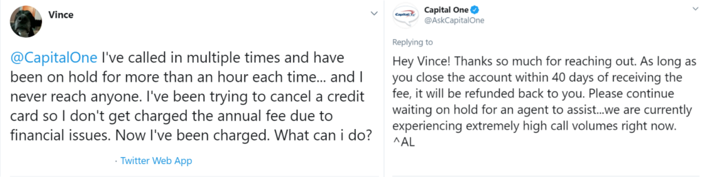 Screenshots of social media posts to and from Capital One asking for support