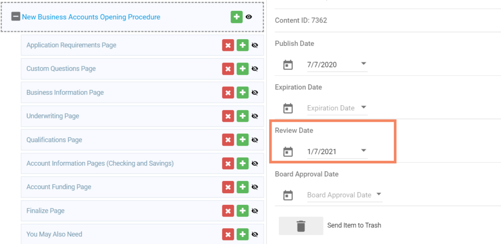 Screenshot of Engageware Employee Knowledge Management review date function