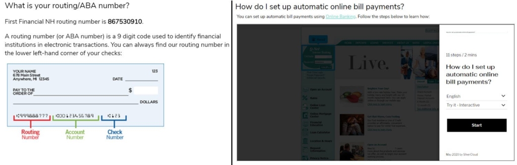 Example of visual answers using graphics and step by step guides to help customers answer their banking questions.