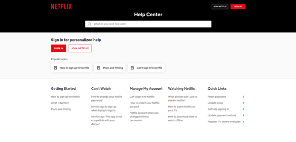 netflix help center showing options for customers to self-serve to find the answers they are looking for