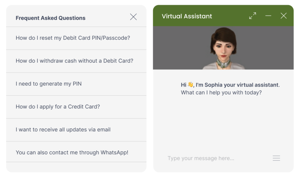 example of the virtual assistant open and frequently asked questions displayed