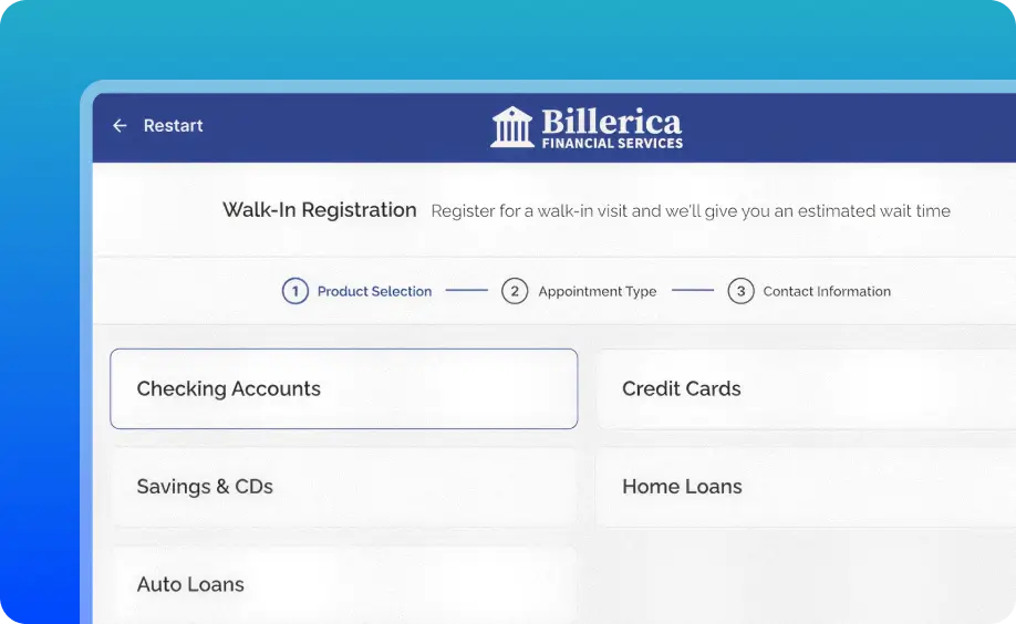 Kiosk interface showing a welcome screen with service options for different types of walk-in appointments.