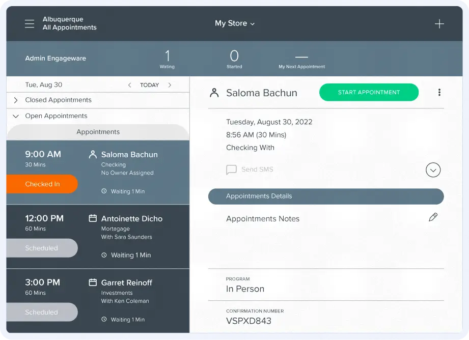 Engageware Lobby management interface showing a list of appointments and visitor details in a dashboard layout.