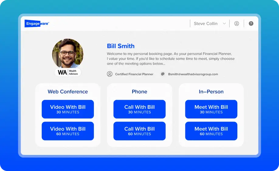Scheduler for Salesforce screen displaying buttons for video, phone, and in-person meeting options with an advisor.