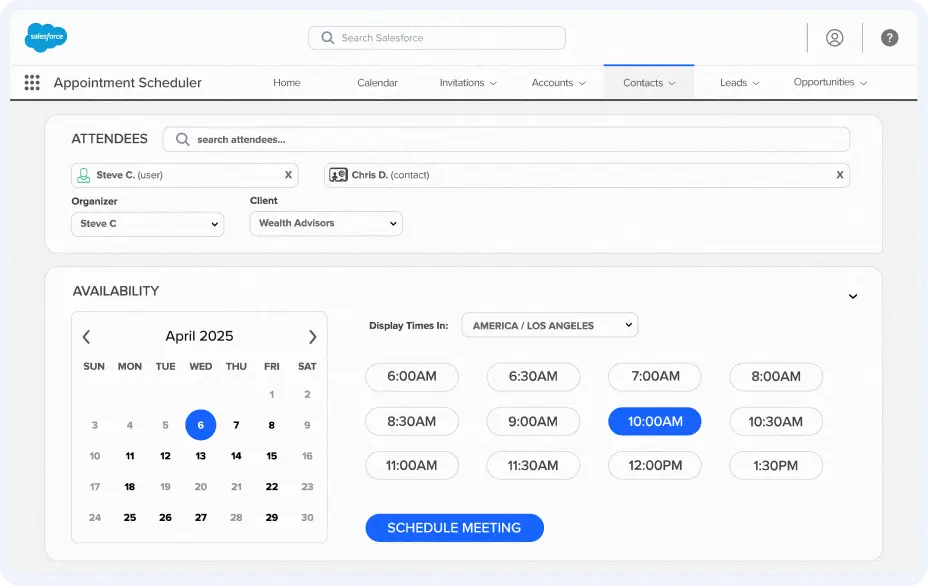 Salesforce appointment scheduler interface showing attendee fields, a calendar, and selectable time slots.