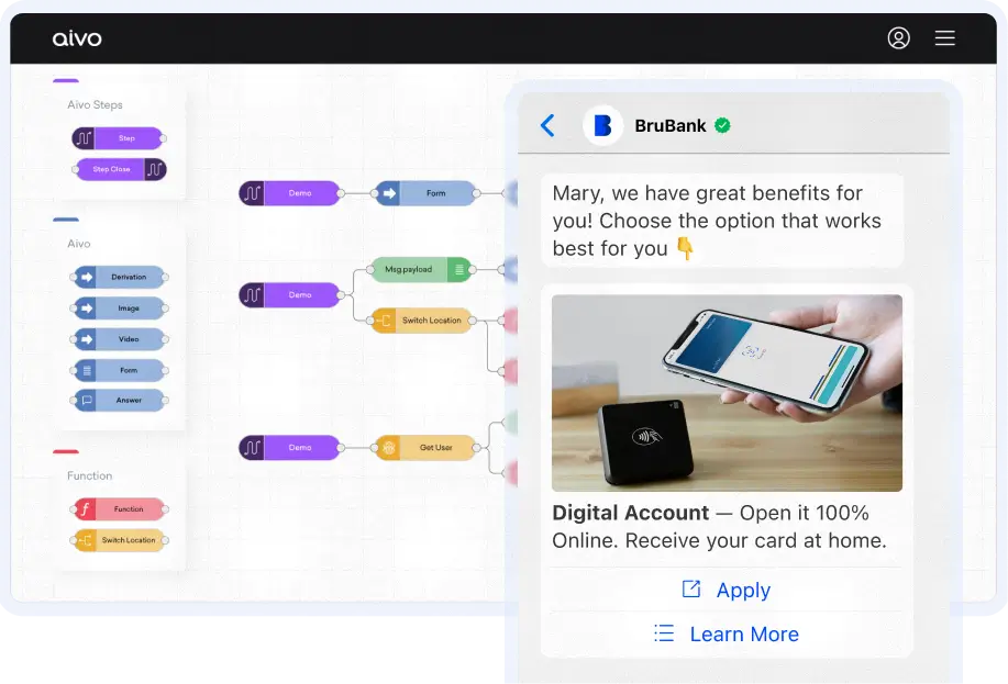 Studio workflow builder interface with connected steps displayed beside a mobile banking message preview.