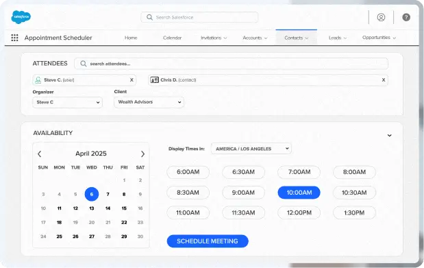 Scheduling interface with calendar controls, like attendee search and meeting times, shown alongside a man reviewing a device.