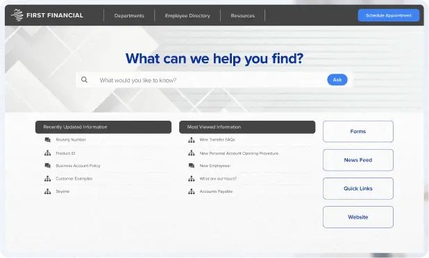 Knowledge base screen showing search bar and suggested category buttons alongside employees using laptops working in an office.