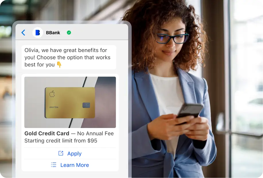 AI agent chat interface guiding a bank customer through a credit card application.