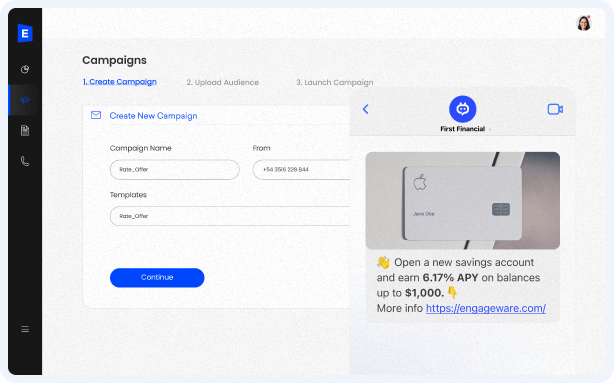 Campaign creation screen showing fields for name and template with a preview of a savings account message.