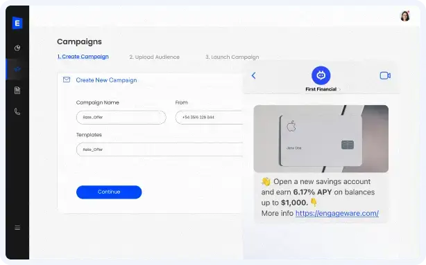 Campaign creation screen showing fields for name and template with a preview of a savings account message.