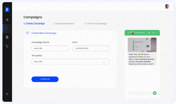 Campaign builder screen with form fields on the left and a messaging preview on the right.