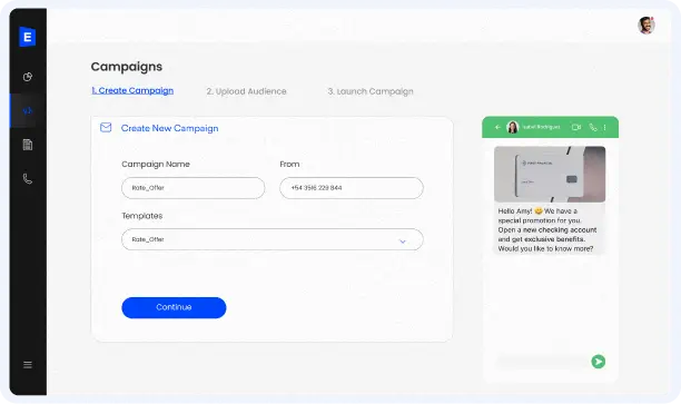 Campaign builder screen with form fields on the left and a messaging preview on the right.