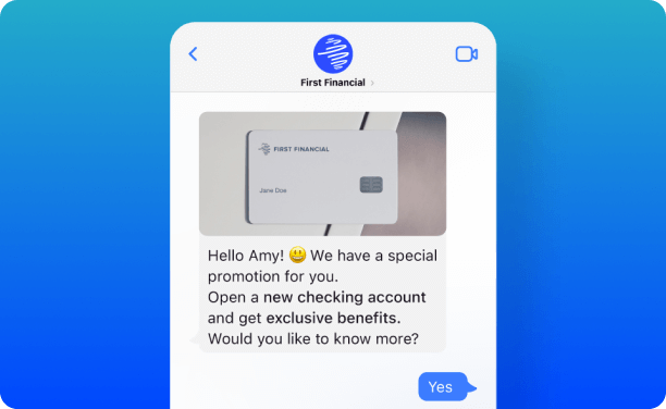 Mobile message screen showing a savings account promotion with a reply button.