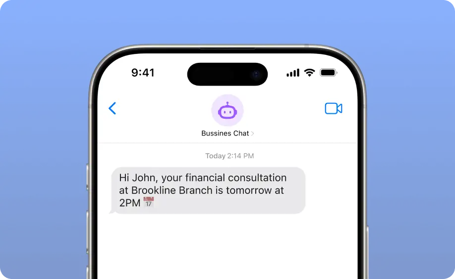 Smartphone screen with a banking chat message about an upcoming in-person appointment reminder.