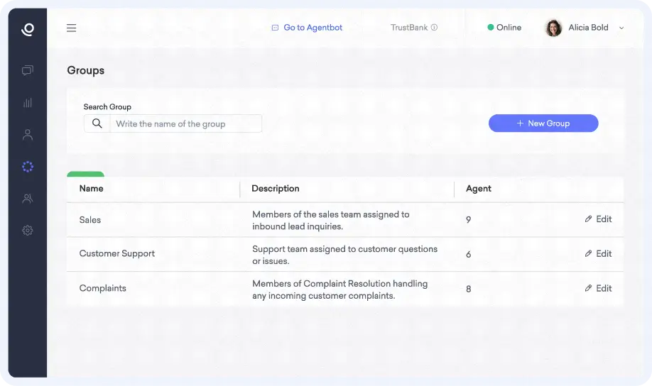 Routing settings screen displaying teams, descriptions, and agent assignments in a table.