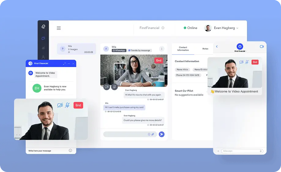 Customer support interface showing a video call window alongside chat and customer details, as well as the customer’s view.